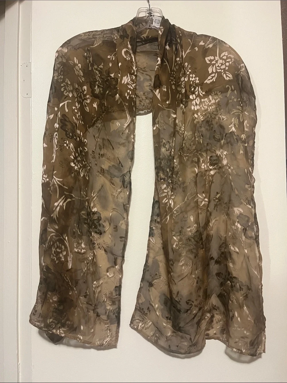 Chico's Silk Sheer Floral Scarf in Brown and Cream 64” x 16”